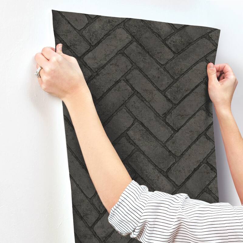 Chesapeake Canelle Black Brick Herringbone Wallpaper