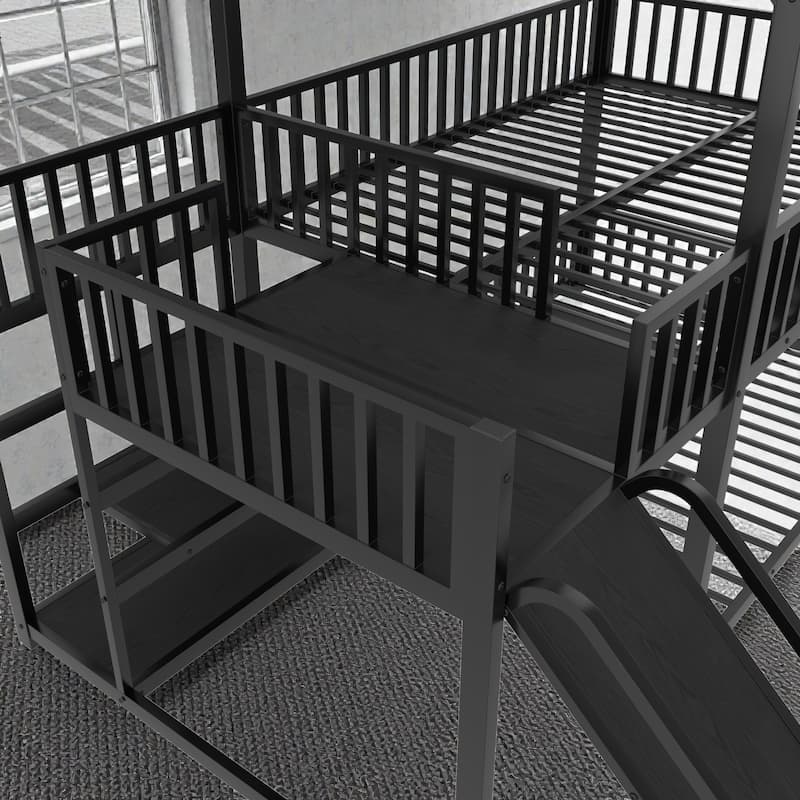 Metal House Bunk Bed with Storage Stairs and Slide, Safety Rails, Twin/Full Kids Bed Frame