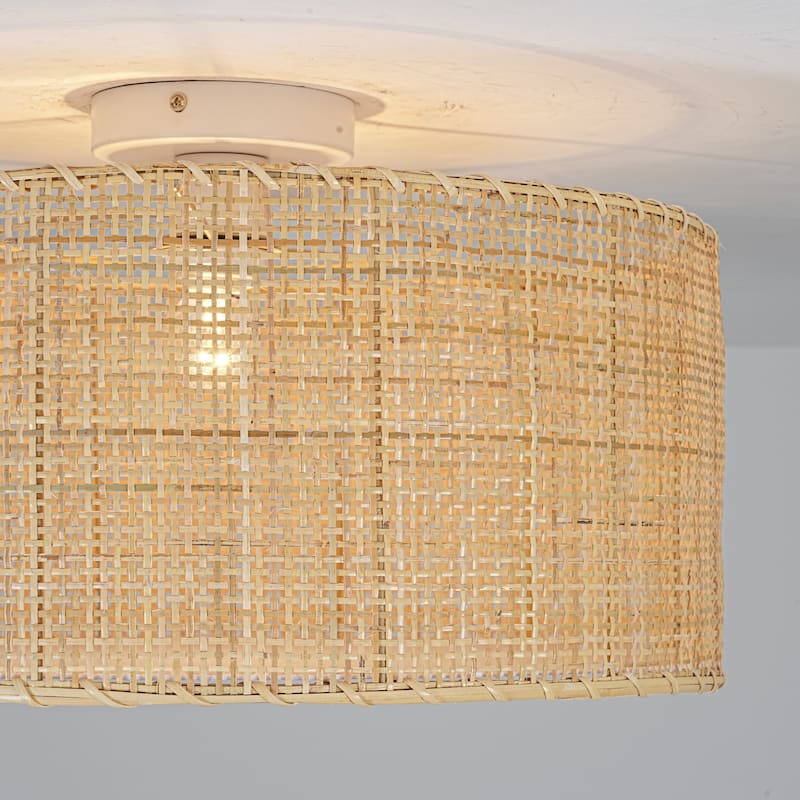 17.7" Boho Coastal Hand-Woven Natural Rattan with Matte White Hardware Semi-Flush Mount Ceiling light for Hallways