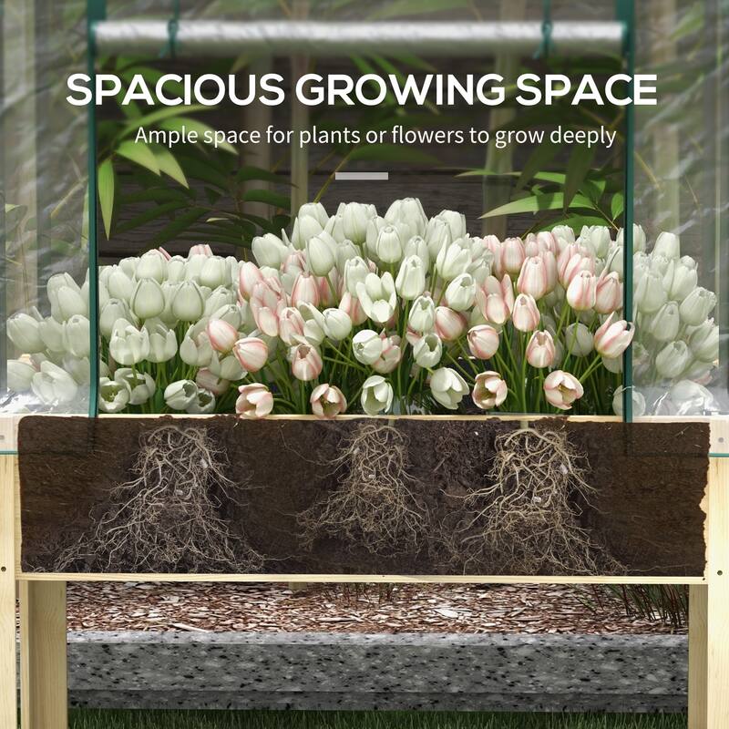Outsunny Raised Garden Bed with Plastic Greenhouse Cover and Bed Liner, Outdoor Elevated Wood Planter Box