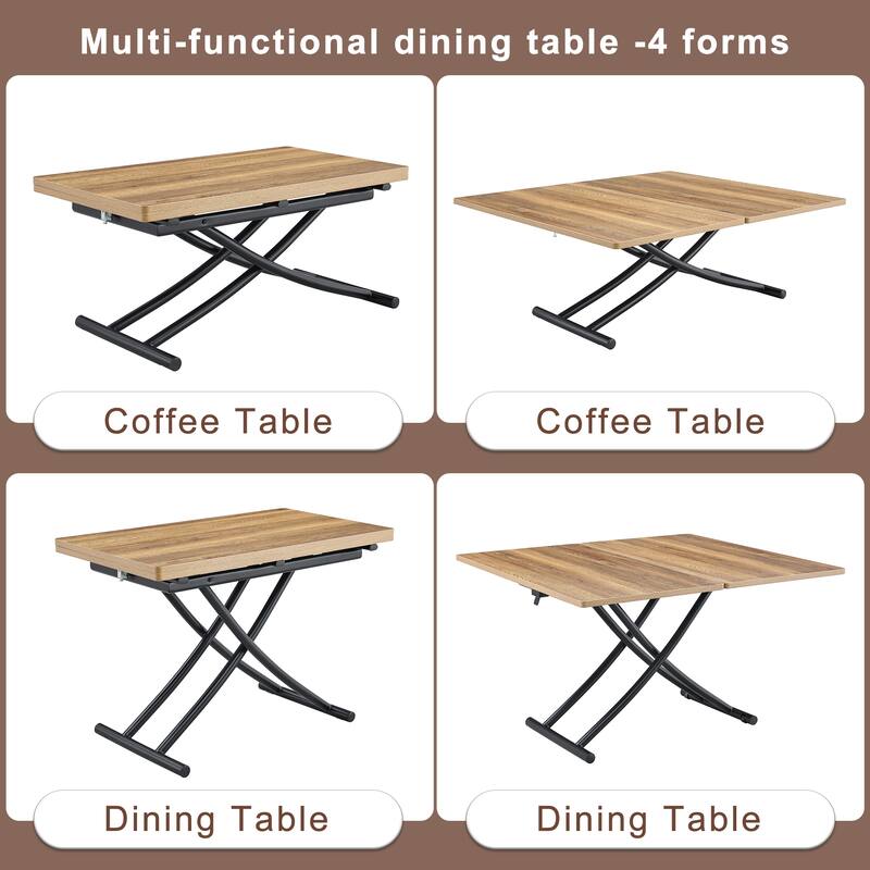Modern Lift Table With 0.8-Inch Wood-Textured MDF Top & Black Metal Legs; Functions As Dressing, Coffee, Dining, Or Office Desk.