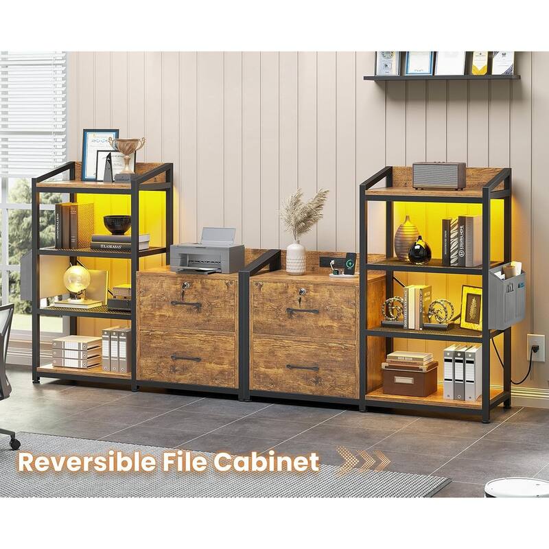 2 Drawer File Cabinet Filing Cabinet Letter Legal Power Strip LED Lights Lock Open Shelf
