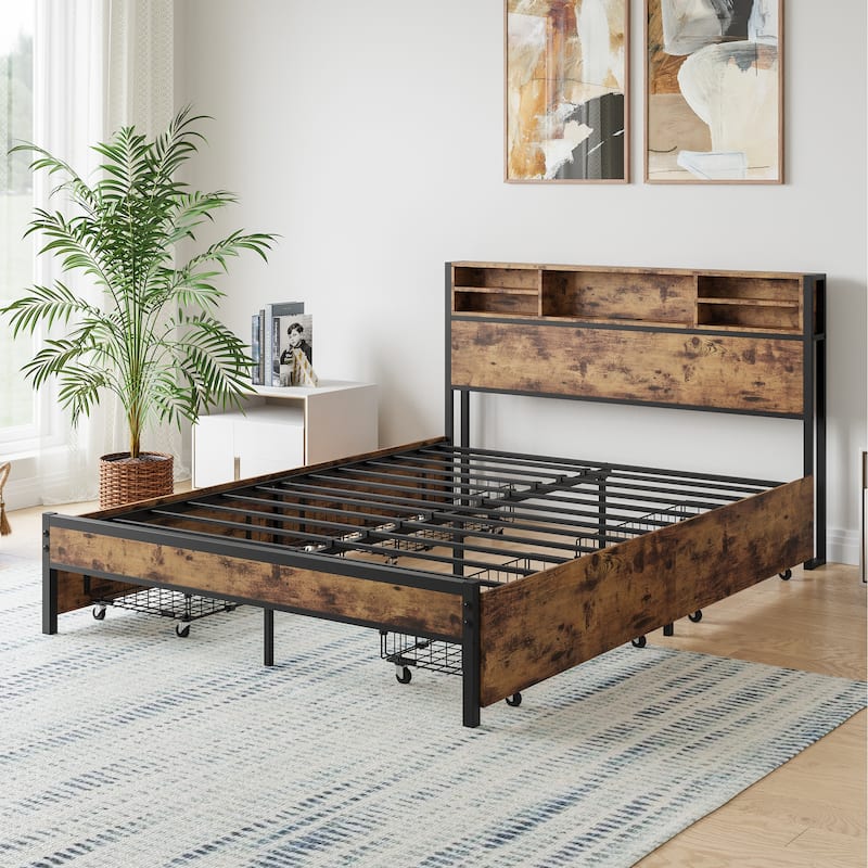 Queen Size Metal Platform Bed with Storage Drawers, Wooden Headboard, and Charging Station, Easy Assembly, Brown