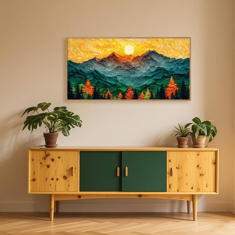 Forest Pine Tree Golden Sunset Wall Decor, Mixed Patchwork Landscape