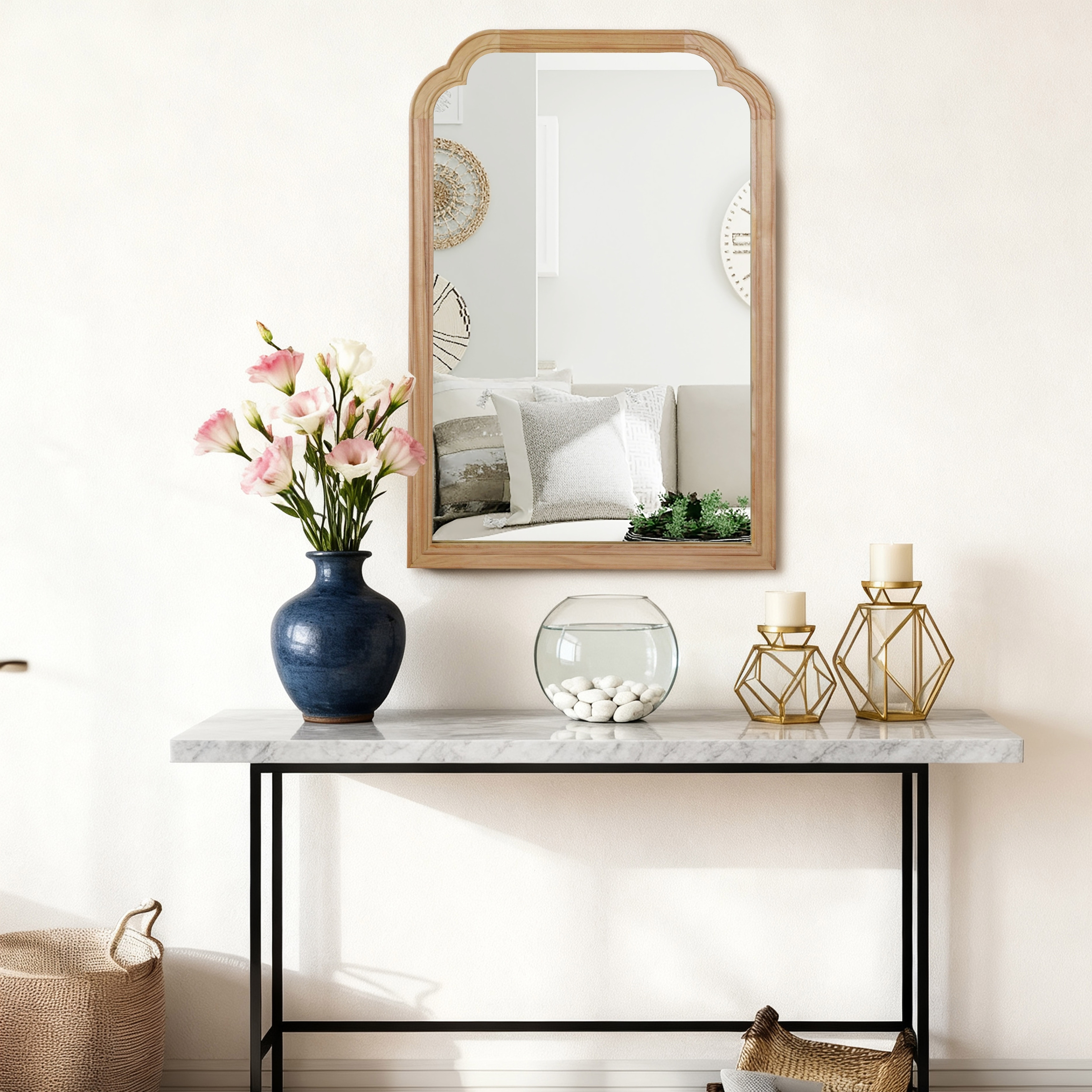 Rounded Corner Solid Wood Frame Decorative Mirror Modern Farmhouse