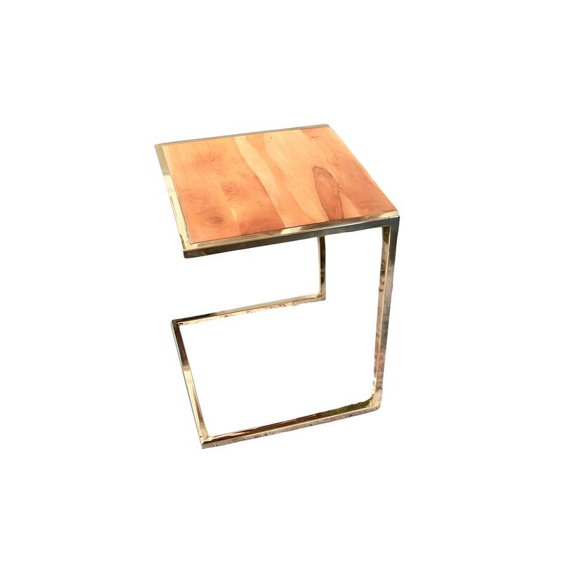 Set of 3 Contemporary Gold Finish C-Shaped Nesting End Tables with Solid Mango Wood Tops & Steel Sled Bases for Living Room