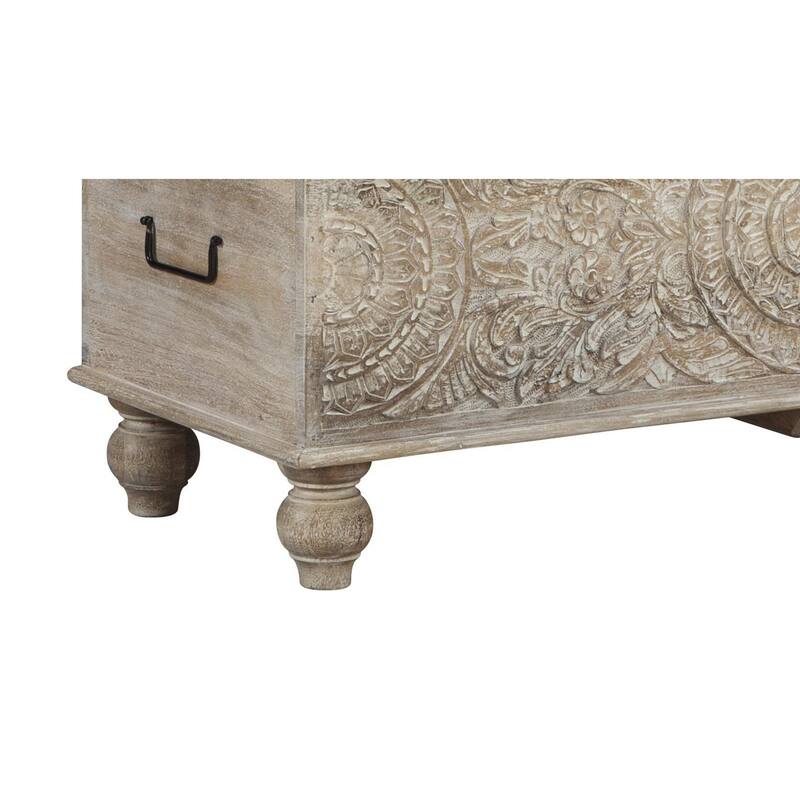 Medallion Pattern Wooden Storage Bench, Hinged Opening, Antique White, Black