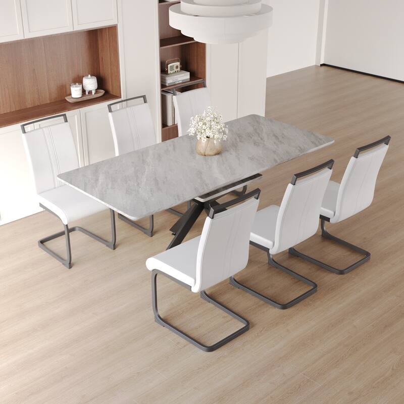 Modern Dining Set with Rectangular Extendable Table & C-shaped Tube Soft Padded Armless Chairs
