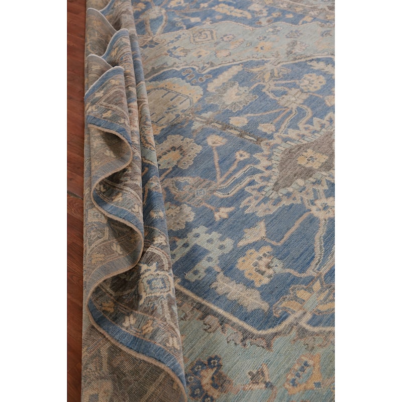 Hand Knotted Oriental 100% Wool Carpet Transitional Medallion Navy Blue & Blues Oushak Area Rug - 12' 1'' X 9' 1''