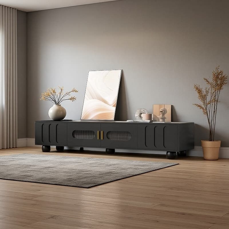 Modern 71" TV Console for 80 Inch TVs, Entertainment Cabinet with Arched Glass Doors, Oval Drawer Fronts, Solid Wood Legs - Black