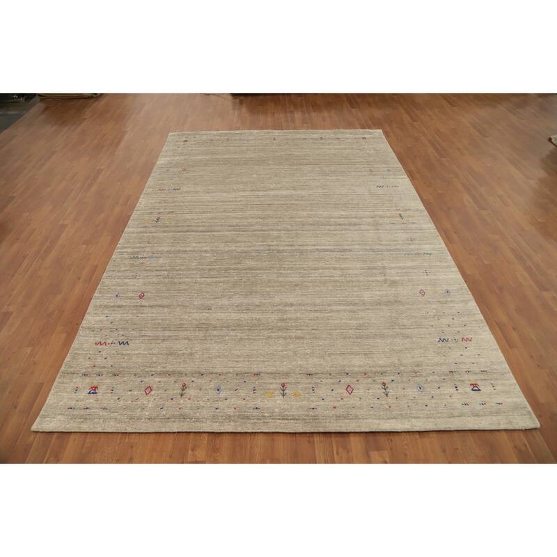 Hand Knotted Oriental Viscose Silk Carpet Tribal Animal Pictorial Beige & Ivories Gabbeh Area Rug - 12' 0'' X 8' 0''