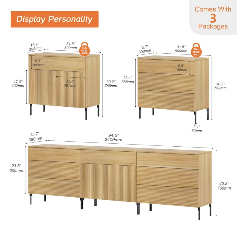 94.5" Modern Reeded Minimalist Sideboard With Drawers And Doors, 3-In-1 Wooden Credenza