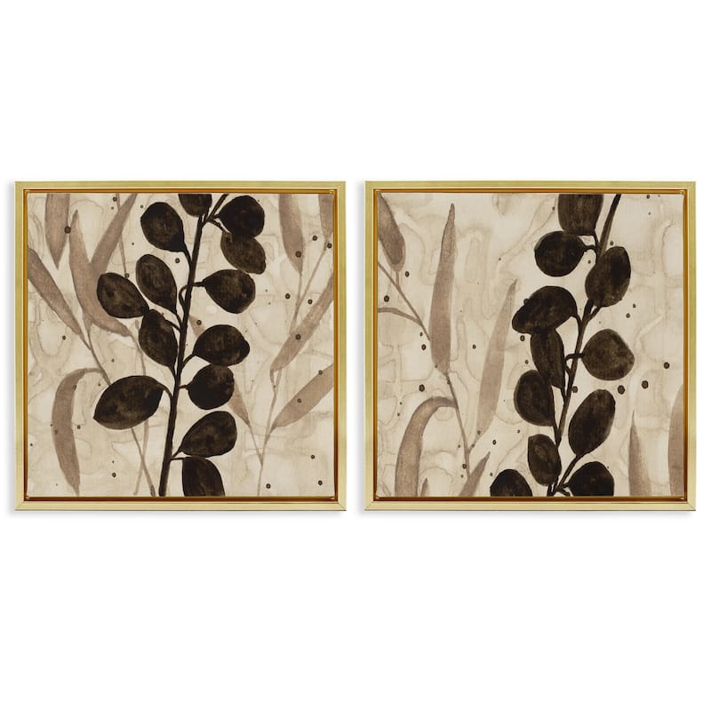 Stupell Natural Tone Sprouting Leaves Framed Floater Canvas Wall Art Design By Krinlox (Set of 2) - 25 x 25 - Gold