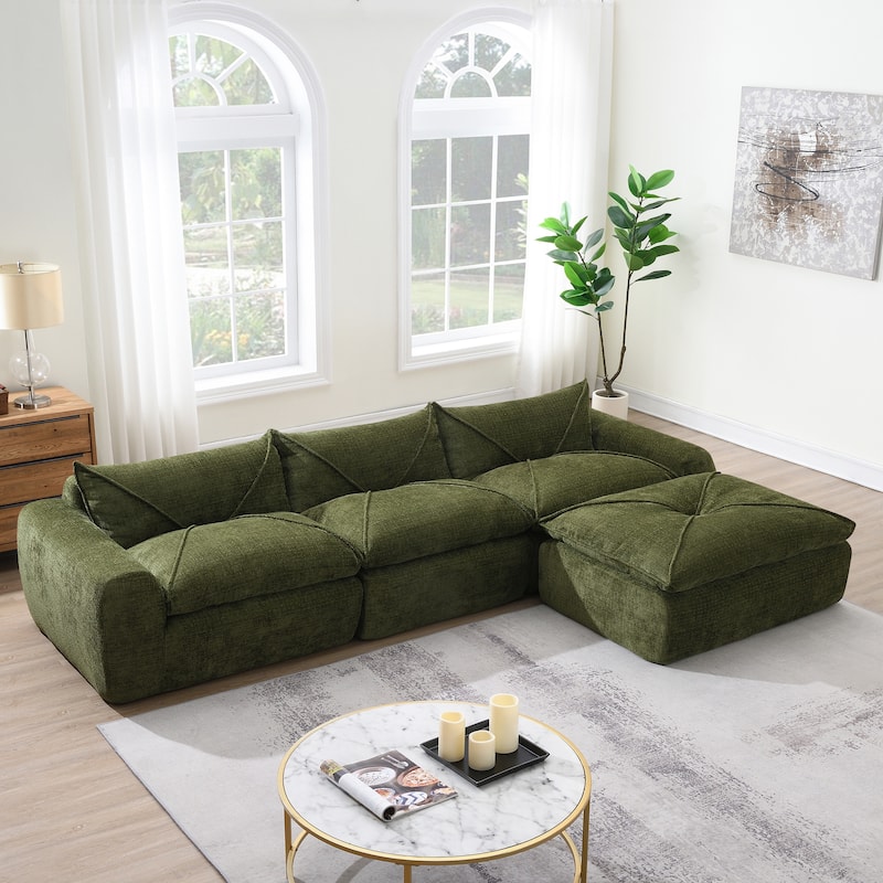 Particle Chenille Sectional Sofa Pull-line Pull-point Design Sofa with Movable Ottoman