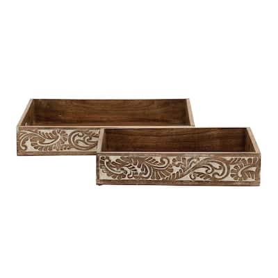 Mango Wood Tray with Carved Sides - Set of 2 Brown - Roche River Decor - 12"W x 18"L x 3"H