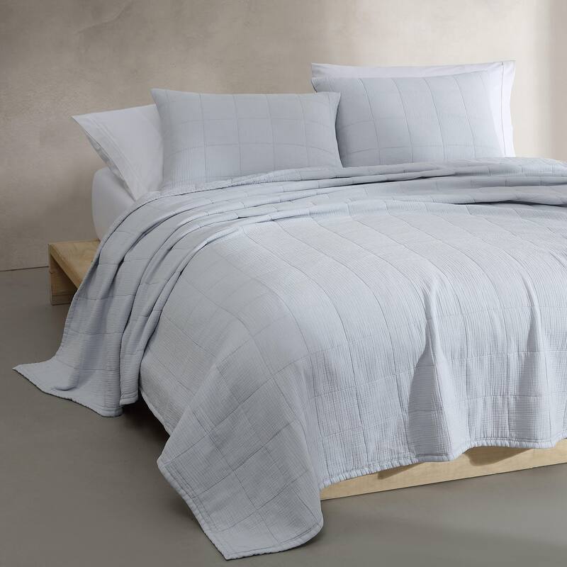 Calvin Klein Cotton Gauze Solid Reversible Quilt Set - Light Blue - Queen