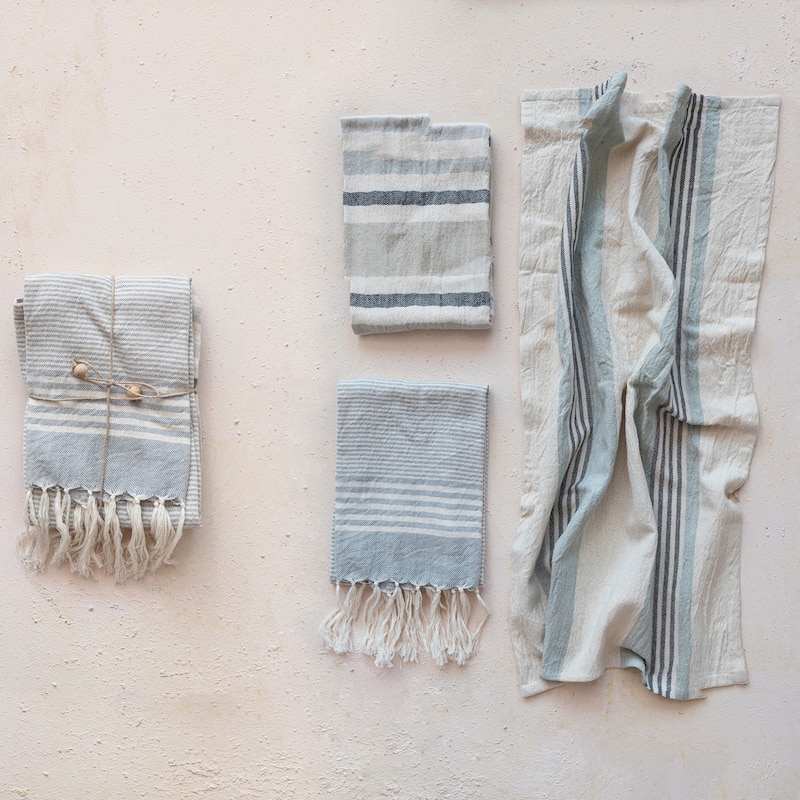 Cotton Tea Towels with Stripes and Fringe - 28.0"L x 18.0"W x 0.3"H - 28.0"L x 18.0"W x 0.3"H