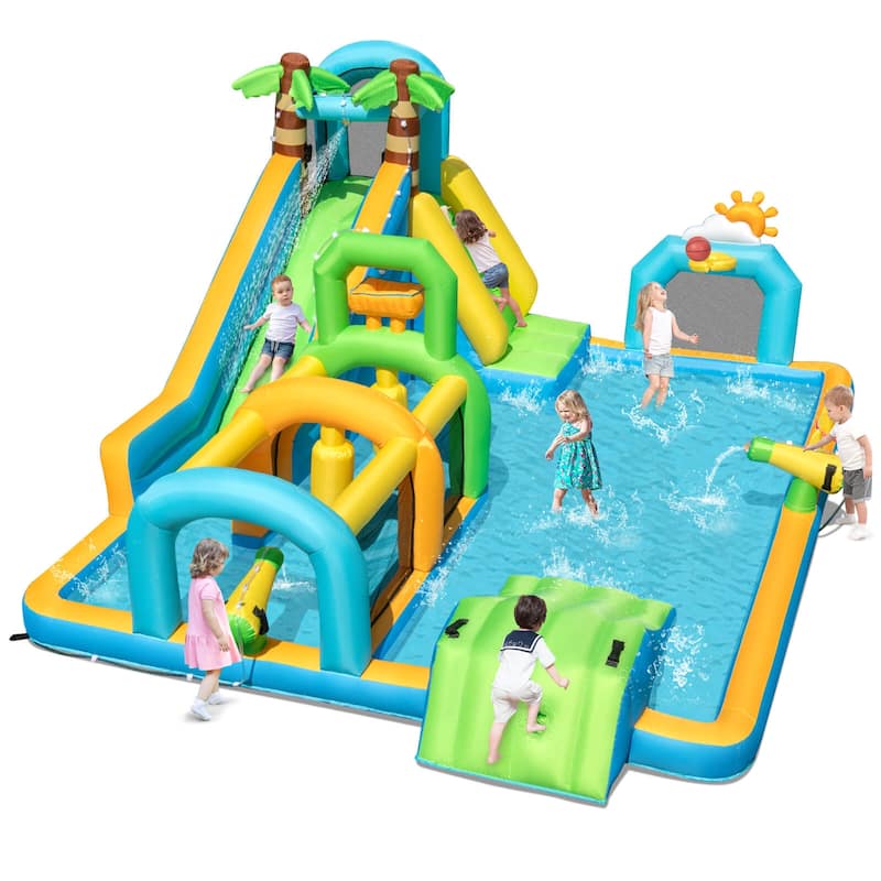 Costway Inflatable Water Park with Climbing Wall Basketball Rim Target - Multi-Colored