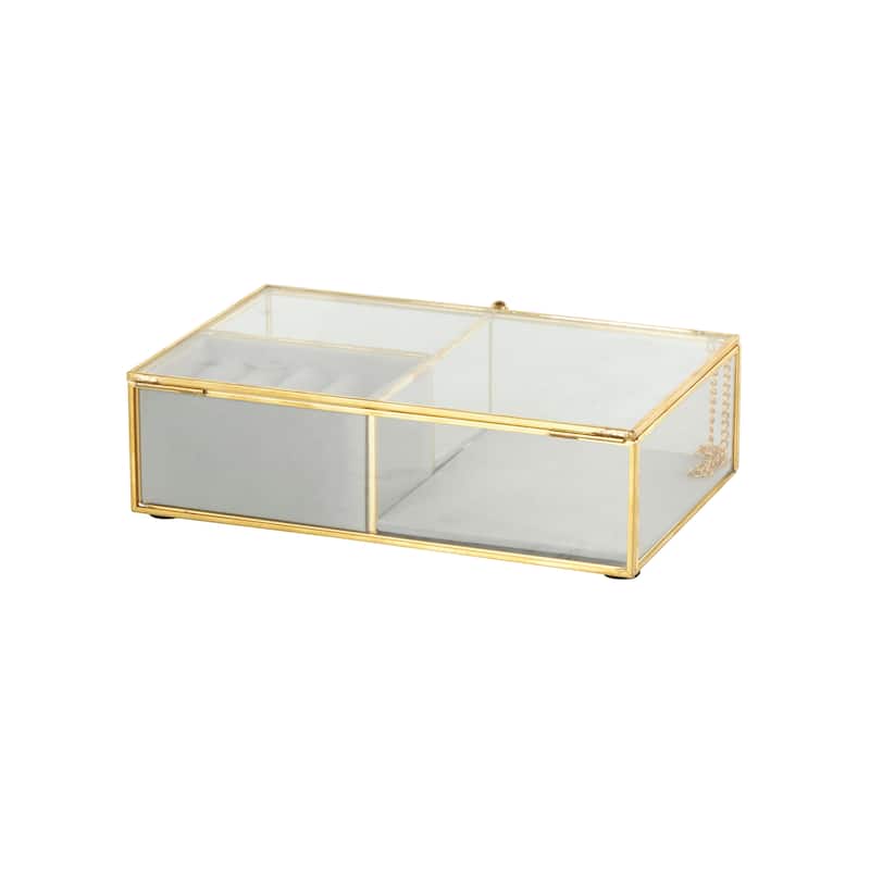 Clear Glass Jewelry Box with Gold Metal Frame and Gray Fabric Interior with Ring Slots