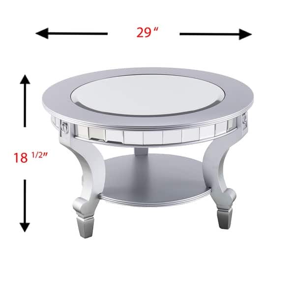 SEI Furniture Olivia Contemporary Mirrored Round Coffee Table in Matte Silver Details and Shelf
