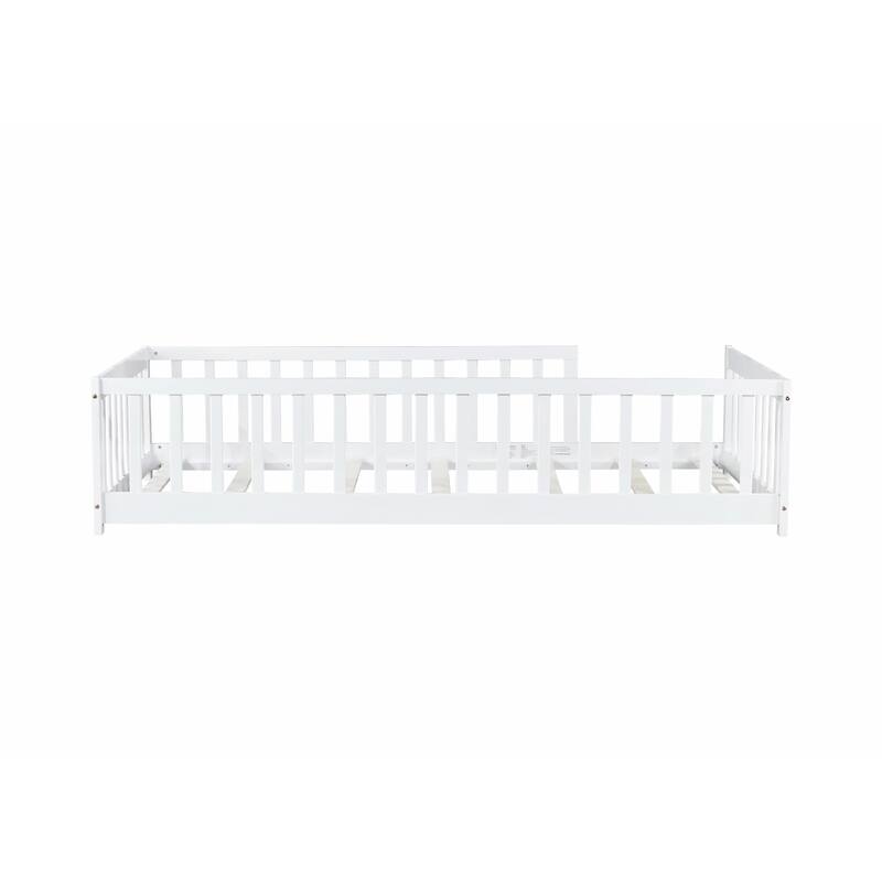 Twin Size Floor Bed with Fence without Door, Rubber Wood Floor Bed with Safety Guardrails
