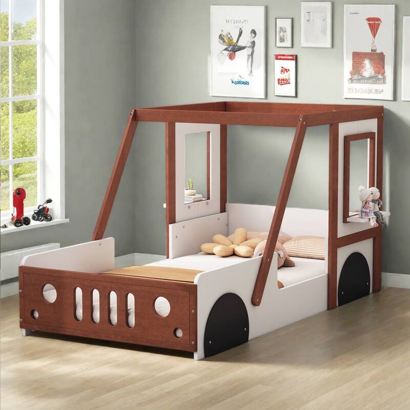 Fun Play Design Twin Size Car Bed, Kids Platform Bed in Car-Shaped for Kids Boys Girls Teens - White