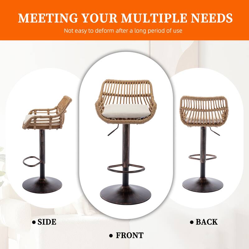 Plastic Rattan Linen Swivel Adjustable Height Bar Stools With Footrest(set of 2)