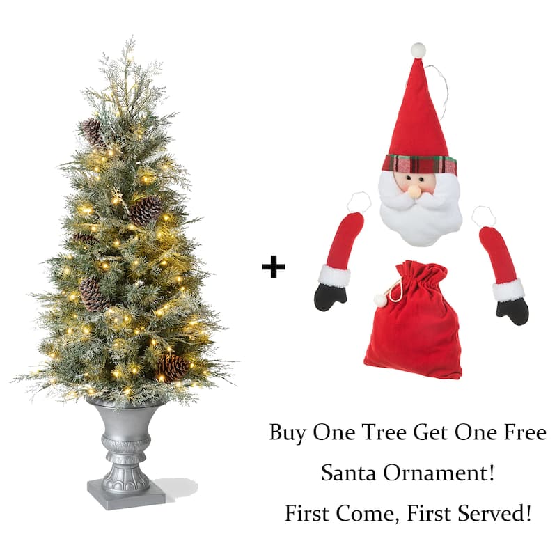 Glitzhome 4/5/6FT Pre-lit Artificial Flocked Pine Potted Christmas Tree for Entryway-Come with a Free Santa Ornament