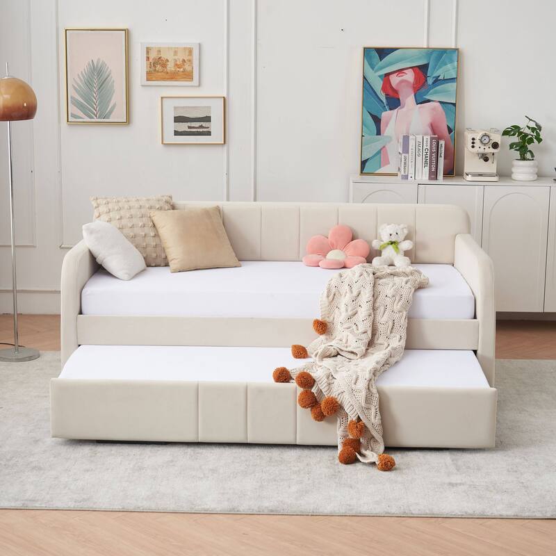 Twin Daybed with Trundle, Upholstered Velvet Frame, Space Saving Daybed Bed for Guest Room