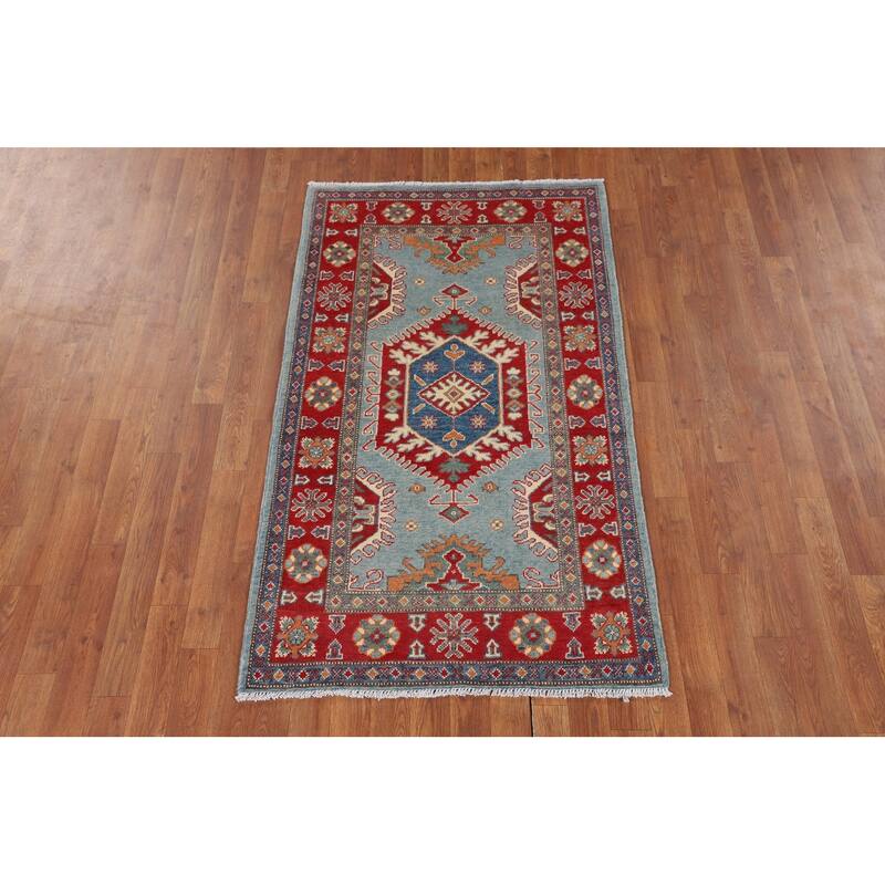 Light Blue Geometric Kazak Rug Hand-Knotted Wool Carpet - 3'1" x 5'3"