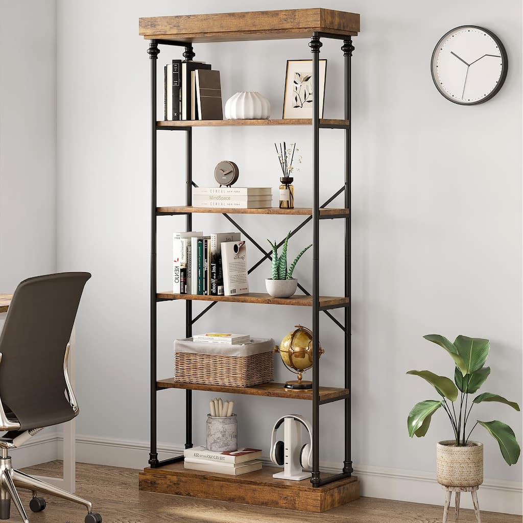 Bookshelf Industrial Bookcase Wooden Storage Open Rack Shelf with Metal Frame