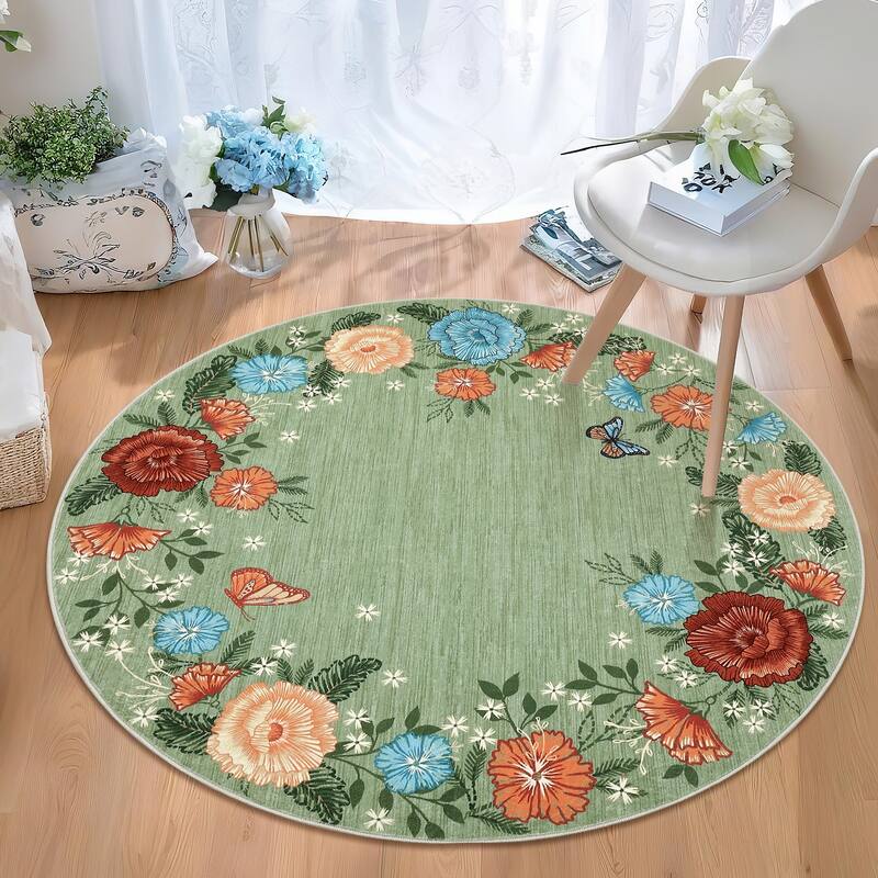 Area Rugs for Living Room Bedroom Washable Modern Floral Rug Scalloped Non-Slip Low Pile Carpet