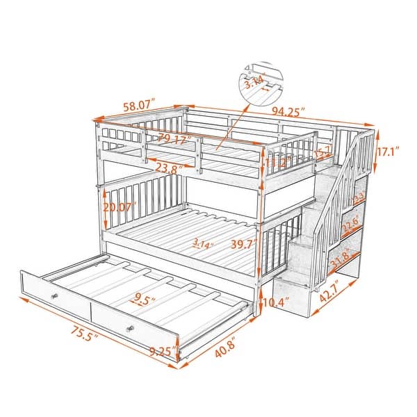 Stairway Full-Over-Full Bunk Bed with Trundle and Storage, White
