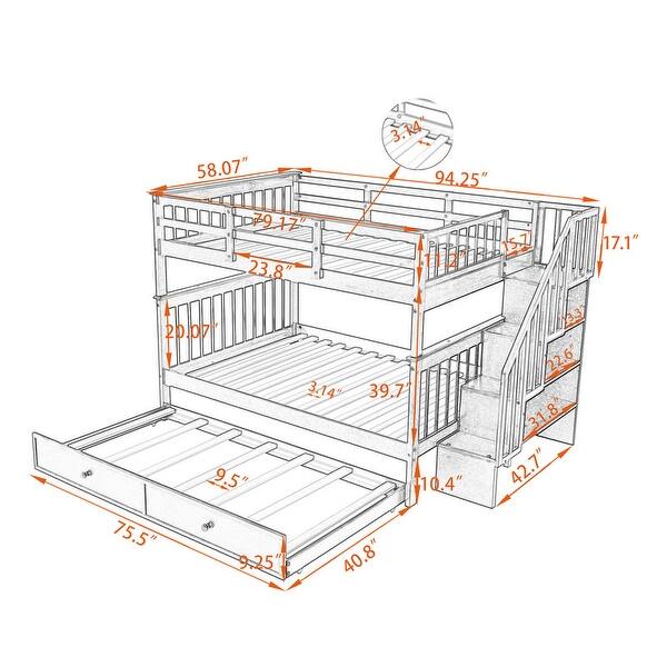 Stairway Full-Over-Full Bunk Bed with Twin size Trundle and Guard Rail