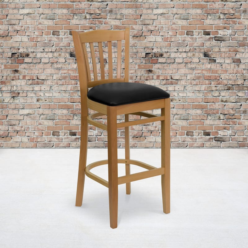 2Pk Vertical Slat Back Wood Restaurant Barstool - Hospitality Seating - Black Vinyl Seat/ Natural Wood Frame
