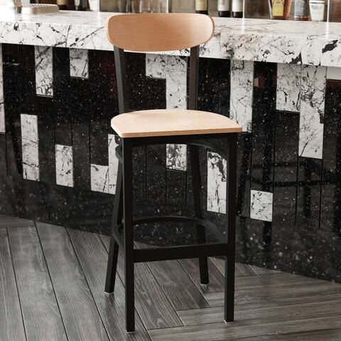 Commercial Metal Barstool with Wood Seat and Boomerang Back