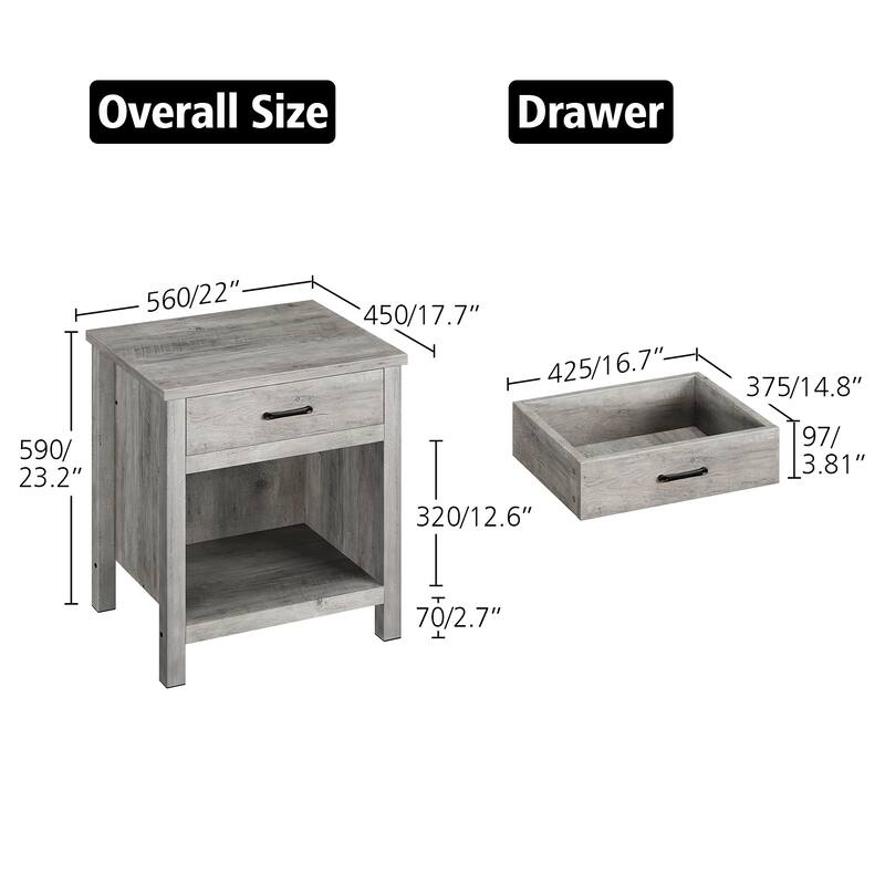 Farmhouse Square Nightstand Bedside Table End Table for Bedroom/ Living Room - Grey