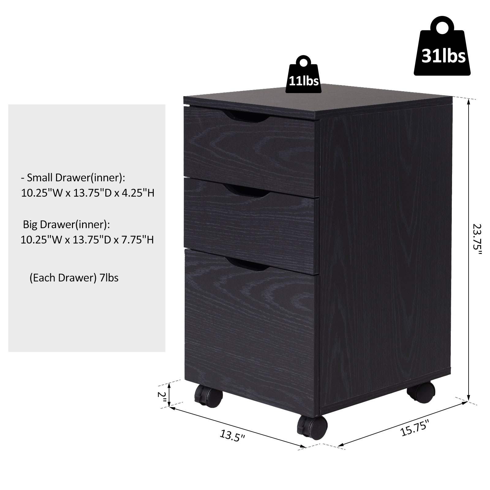 small 3 drawer file cabinet on wheels