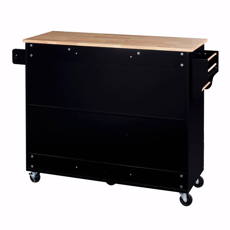 Rolling Kitchen Island with Rubber Wood Top, Drawers, Shelves, Internal Storage, Wheels, Spice & Towel Racks