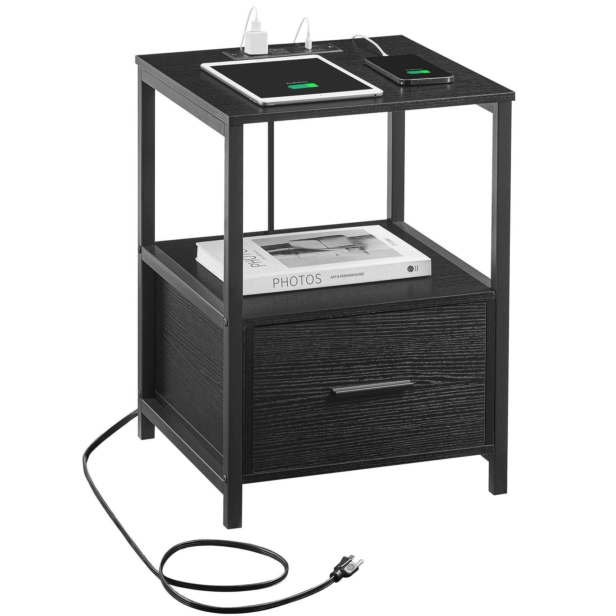 VECELO Mid Century Modern Nightstand with Charging Station USB Port Open Storage Shelf Square End Table for Bedroom
