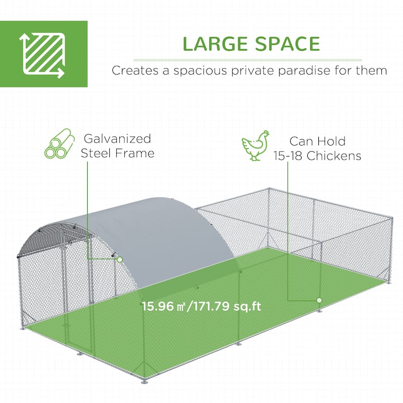 Large Outdoor Chicken Coop with Galvanized Steel Frame and Shaded Roof Lockable Door for 15-18 Poultry