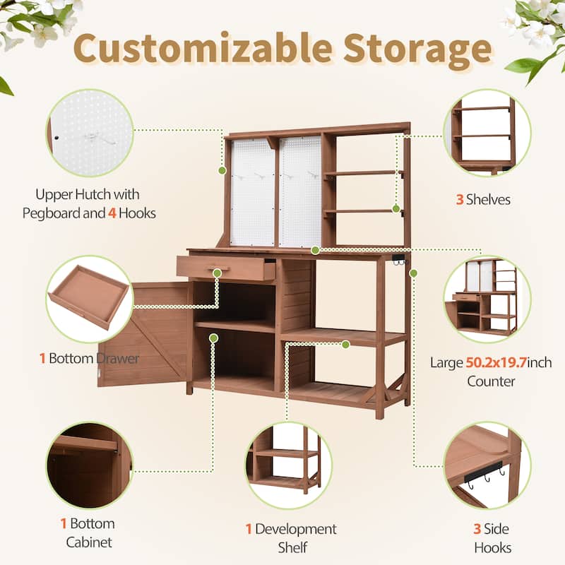 Roomfitters Fir Wood Potting Bench with Hutch, 4 Shelves, storage units, Cabinet & Pegboard Hooks, Outdoor Garden Work Table