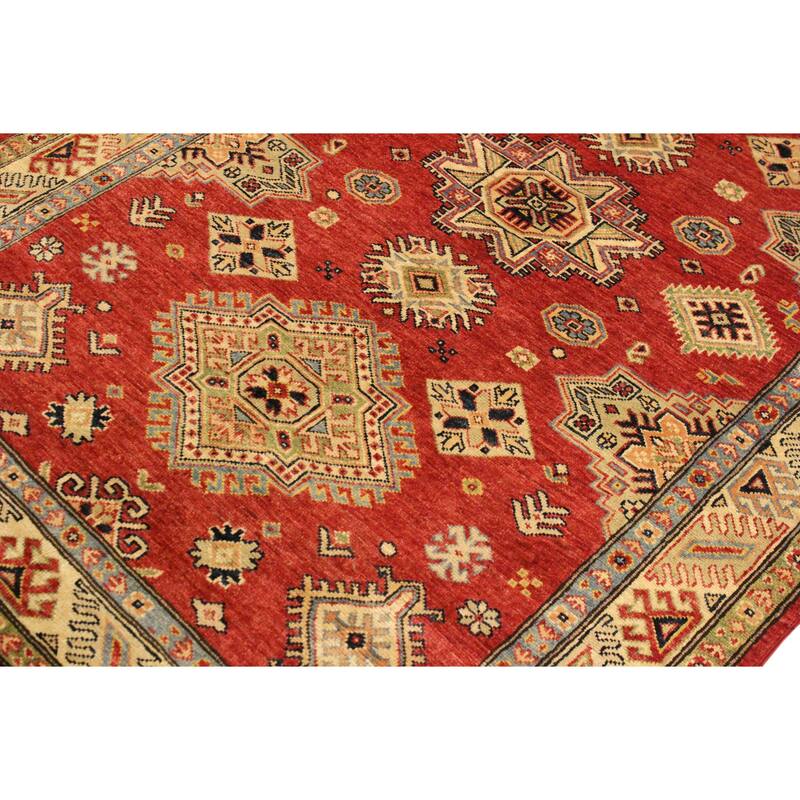 Tribal Super Kazak Amaris Red/Tan Hand Knotted Wool Rug - 4'1'' x 6'3''