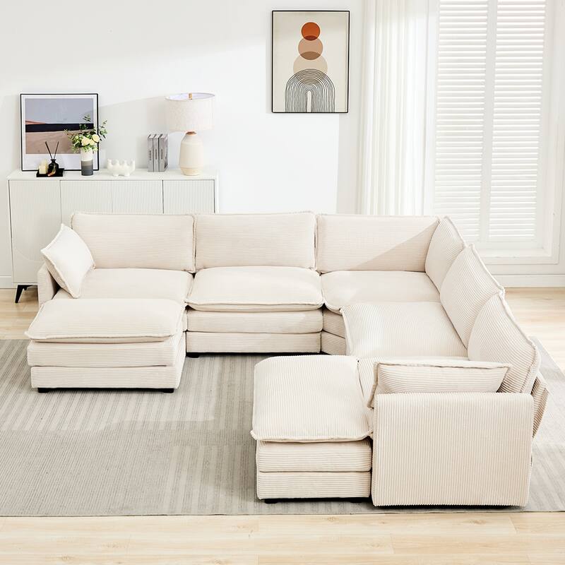 7-Seater Corduroy Sectional Sofa with 2 Removable Ottomans & Corner Seat, Soft & Comfortable - 5 Seats with 2 Ottoman