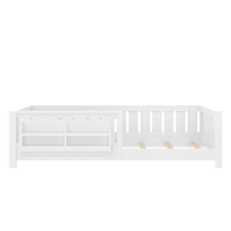 Low Profile Montessori Bed Floor Platform Bed with Fence and Bookshelf