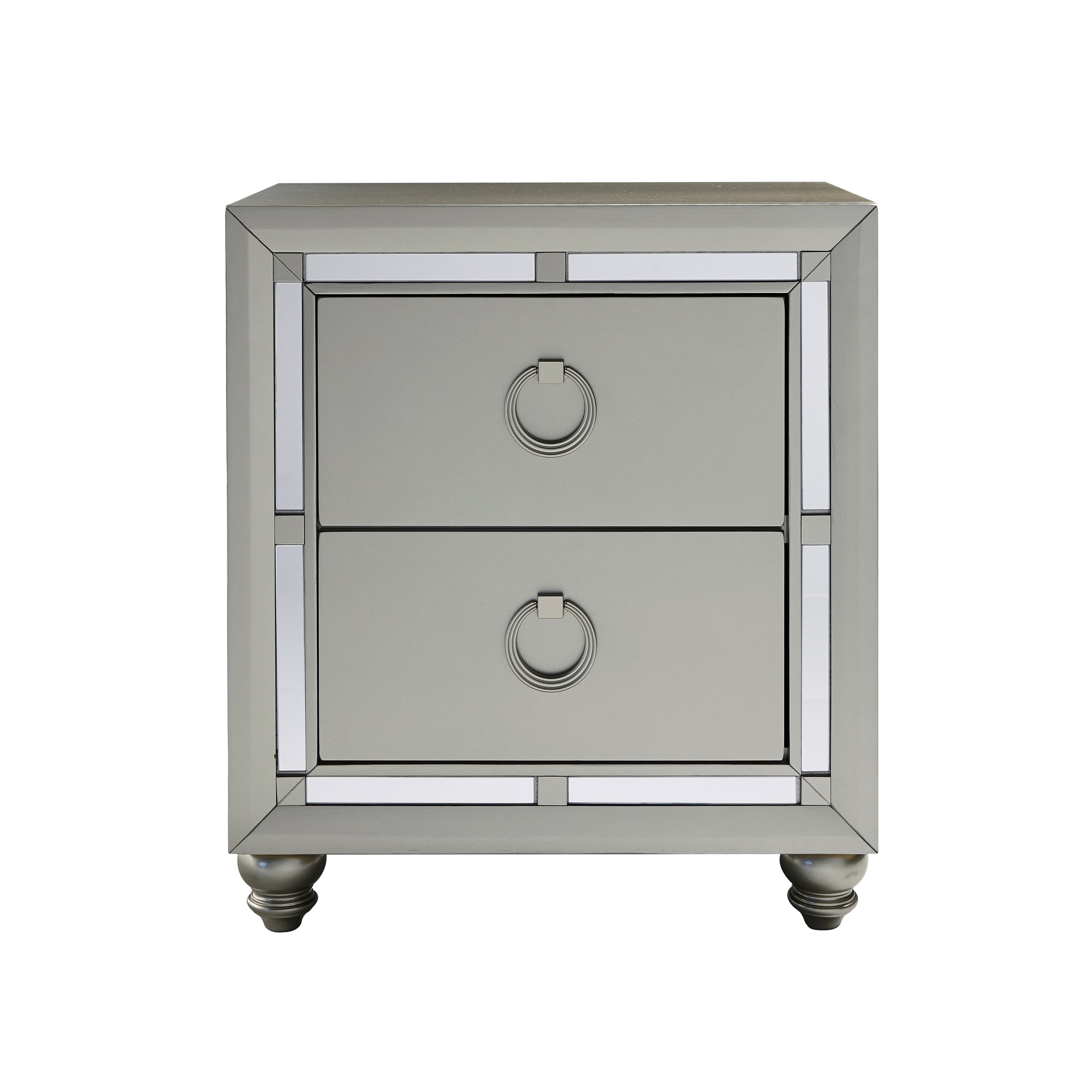 Silver Nightstand with Mirror Accents and Spacious Drawers - Silver+Grey