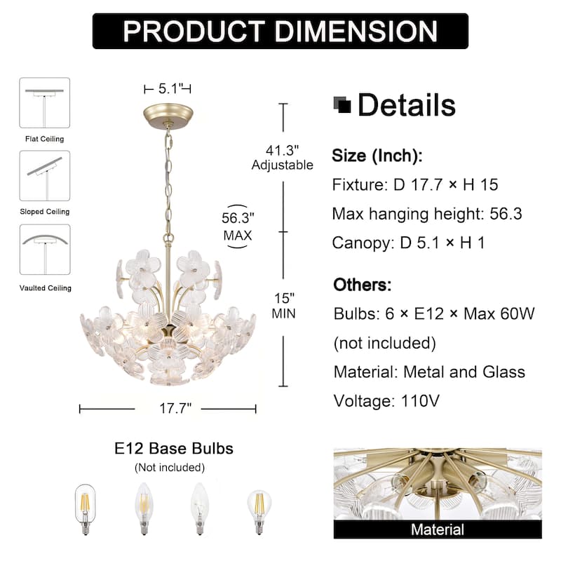Rosa Modern 6-Light 17.7" Glam Clear Glass Flower Chandelier