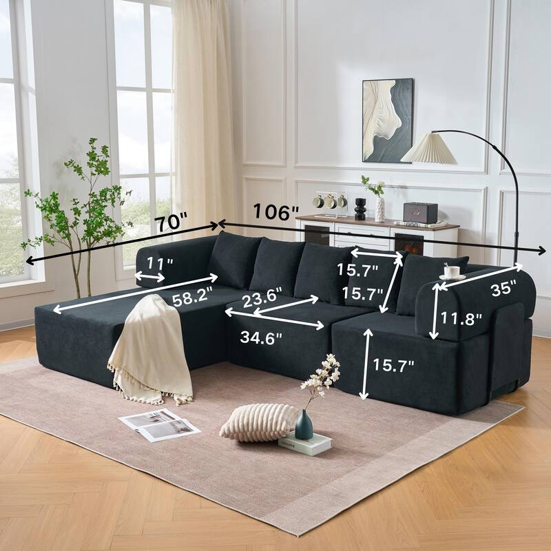 Modular Chaise Sectional Sofa, Convertible Velvet Compressed Couch with Removable Armrests, Iron Frames and Non-slip Pads