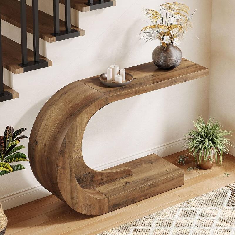 43.3 Inches Brown Wood C-Shaped Console Table, Mid-Century Modern Entryway Table for Living Room