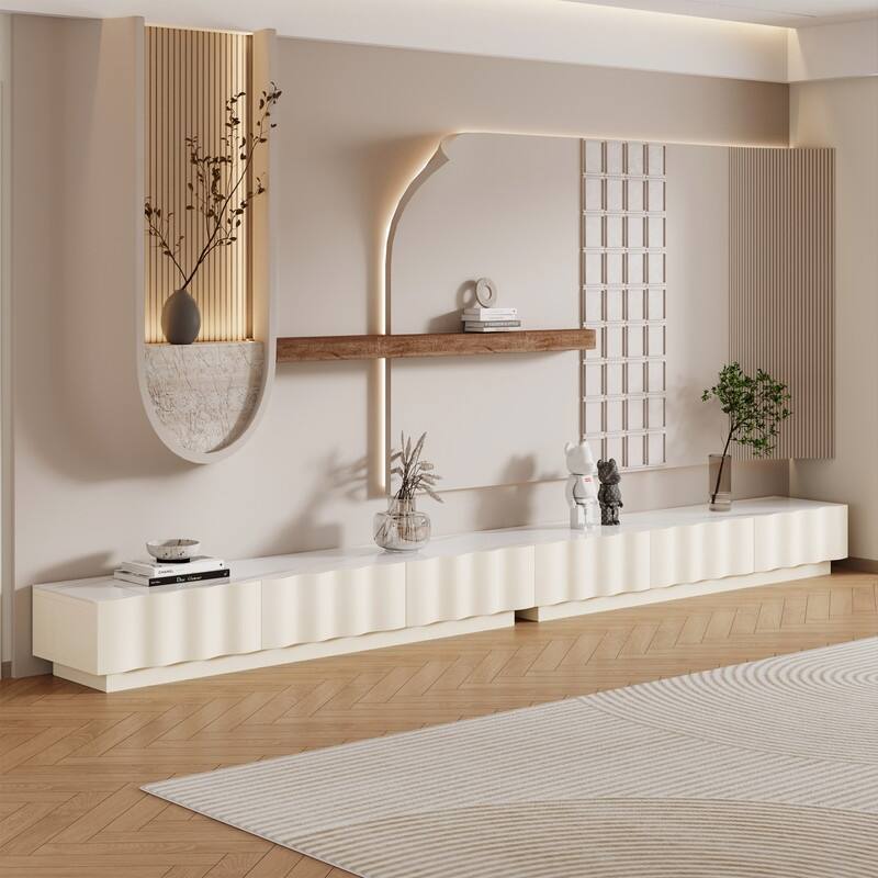 Modern Cream TV Stands with 3-6 Drawers, White Media Console with Glossy Sintered Stone Tabletop - 141